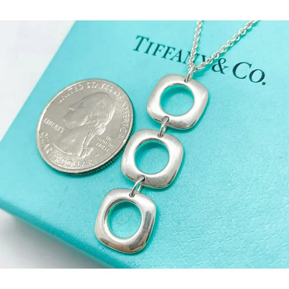 Tiffany & Co. Sterling Silver Triple Cushion Drop Pendant Necklace 16